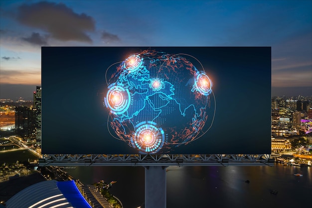 Hologram mapy planety Ziemi na billboardzie nad nocnym panoramicznym pejzażem Singapuru Koncepcja międzynarodowych firm w Azji Południowo-Wschodniej Globe