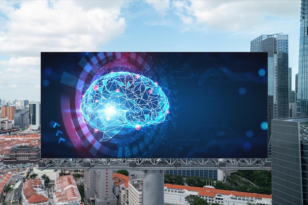 Hologram mózgu na billboardzie z tłem miasta Singapur w porze dnia Plakat reklamowy uliczny Widok z przodu Największe centrum nauki w Azji Południowo-Wschodniej Kodowanie i nauka hightech