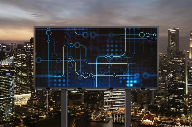 Hologram przepływu informacji na drodze billboard noc panorama miasto widok Singapuru Największe centrum technologiczne w Azji Południowo-Wschodniej Koncepcja nauki programowania