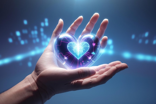 Zdjęcie hologram serca nad koncepcją technologii dłoni darowizna diagnostyka online renderowanie 3d ilustracja 3d