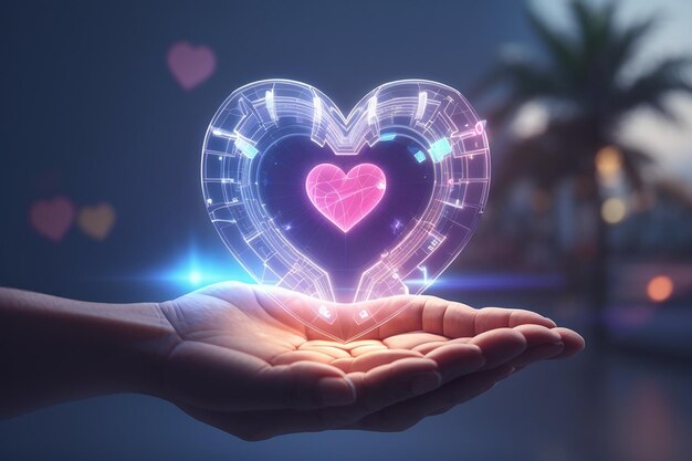 Hologram serca nad koncepcją technologii dłoni darowizna diagnostyka online renderowanie 3D ilustracja 3D