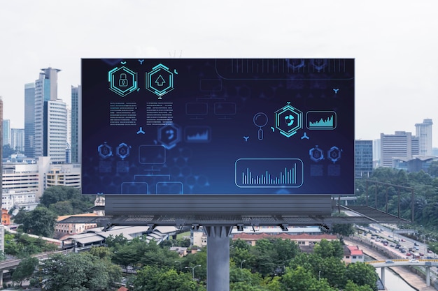 Hologram technologii na billboardzie nad panoramą miasta Kuala Lumpur KL jest największym centrum technologicznym w Malezji Azja Koncepcja rozwoju kodowania i zaawansowanych technologii