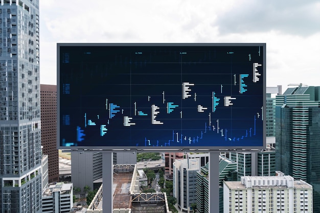 Hologram wykresu Forex i giełdy na billboardzie drogowym nad panoramą miasta Singapur Centrum finansowe w Azji Południowo-Wschodniej Pojęcie handlu międzynarodowego