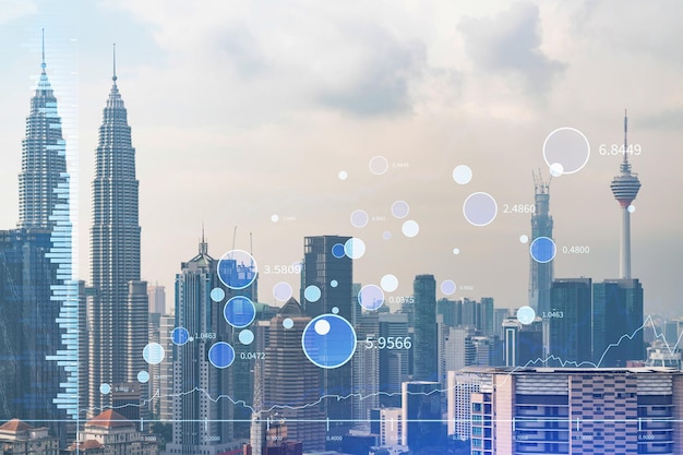 Hologram wykresu Forex i giełdy nad panoramą miasta Kuala Lumpur KL to centrum finansowe w Malezji Azja Koncepcja handlu międzynarodowego Podwójna ekspozycja