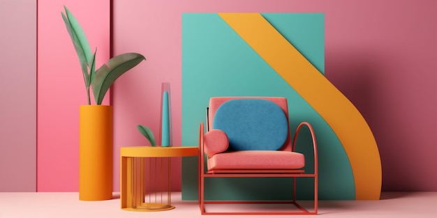 Home art design fotel pastelowe kolorowe wnętrze geometryczna sofa memphis pokój Generative AI