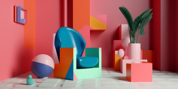 Home art geometryczna sofa projektowanie wnętrz pokój kolorowy wyświetlacz memphis fotel Generative AI