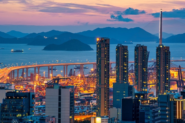 Hongkong Panoramę Miasta O Wschodzie Słońca Widok Z Góry Szczyt.