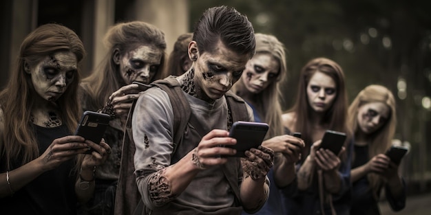 Horda Zombie Całkowicie Pochłoniętych Swoimi Smartfonami Przedstawia Niepokojącą Koncepcję Uzależnienia Od Gadżetów Generative Ai