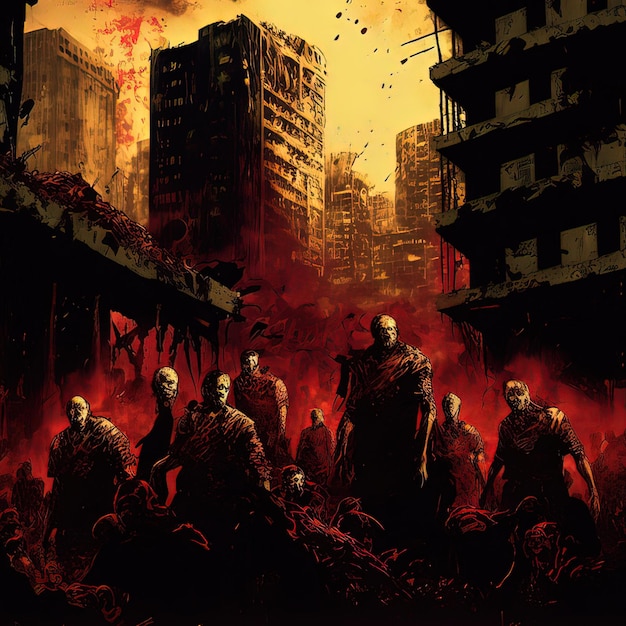 Horda zombie w zrujnowanym mieście po wybuchu epidemii Portret przerażającego zombie Malarstwo ilustracji w stylu sztuki cyfrowej