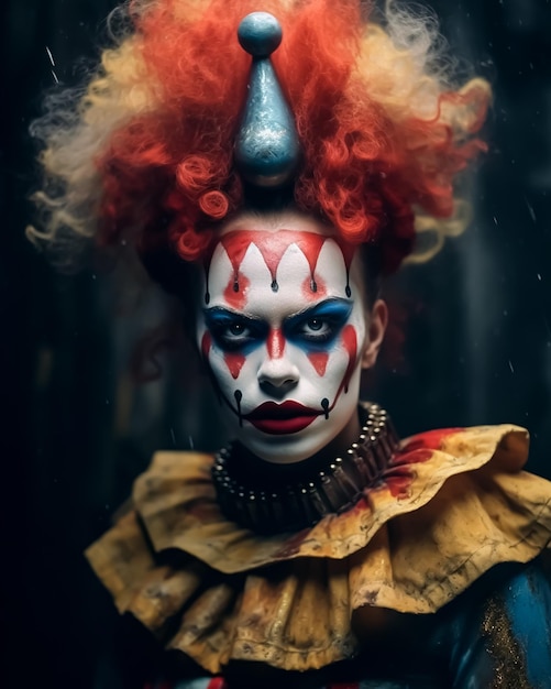 Horror Classic Clown Queen w przerażającej uśmiechniętej twarzy i klasycznych kostiumach z pełnym makijażem twarzy