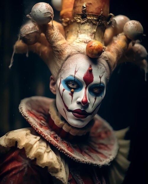 Horror Classic Clown w przerażającej uśmiechniętej twarzy i Classic Costumes pełny makijaż twarzy