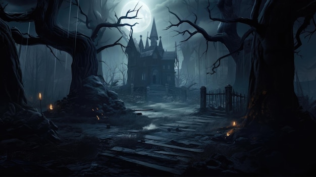 Horror halloween nawiedzony dom w przerażającym nocnym lesie