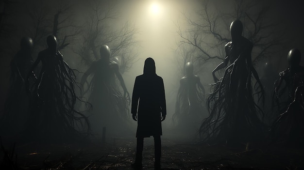 Horror samotna sylwetka w ponurym mglistym lesie maniakalny thriller ciemność nocy
