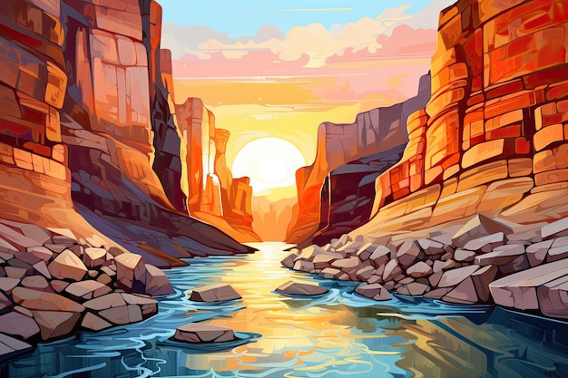 Horseshoe Bend na pustyni w Utah o zachodzie słońca. Kanion z rzeką pomiędzy skałami o świcie. Obraz w stylu postimpresjonizmu. Wygenerowano sztuczną inteligencję.