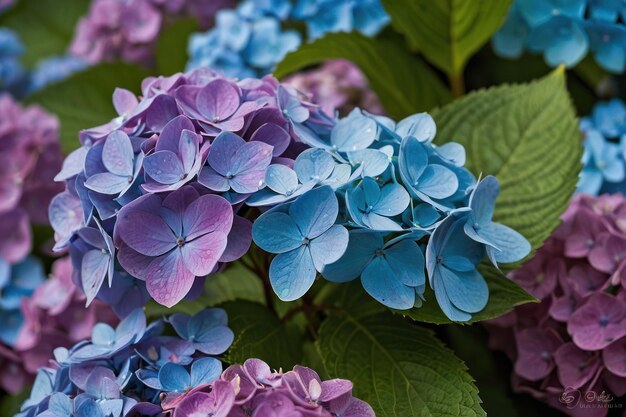 Hortensje w odcieniach niebieskiego i fioletowego