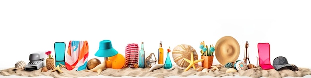 Horyzontalna granica różnych przedmiotów plażowych, akcesoriów i zabawek rozrzuconych na białym tle