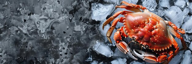 Horyzontalny baner na targu rybnym świeże owoce morza duży czerwony krab leżący na zmiażdżonym lodzie kostki lodu konserwacja żywności szare tło kopiować przestrzeń wolna przestrzeń dla tekstu