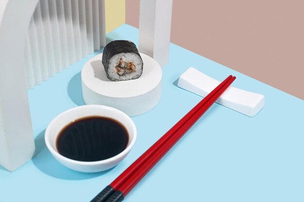 Hosomaki sushi rolls z węgorzem i sosem sojowym na białym gipsowym stojaku na kolorowym gładkim tle niebiesko-różowo-żółtym