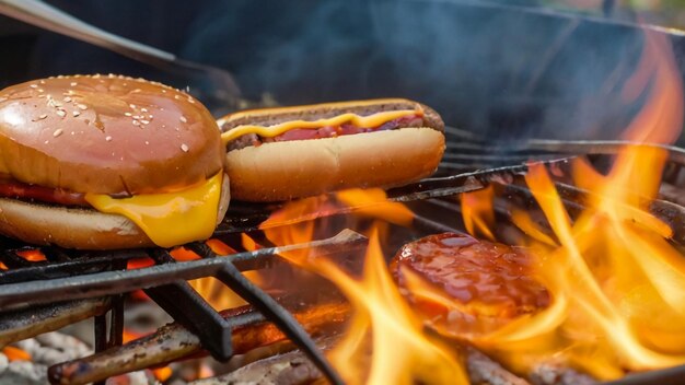 hot dog i hamburger gotowany na grillu z hot dogem na grillie