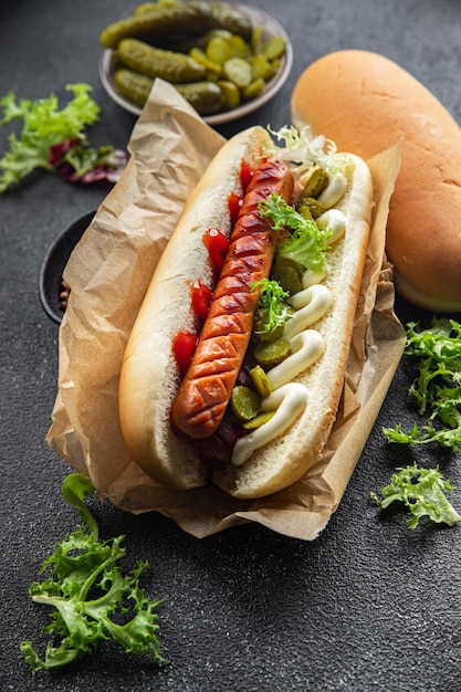 hot dog kanapka kok kiełbasa korniszon ketchup majonez fast food posiłek jedzenie przekąska na stole