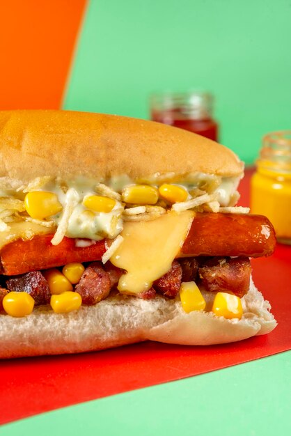 Zdjęcie hot dog na kolorowym tle z dwoma małymi słoikami z musztardą i ketchupem