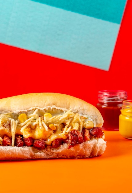 Zdjęcie hot dog na kolorowym tle z dwoma małymi słoikami z musztardą i ketchupem