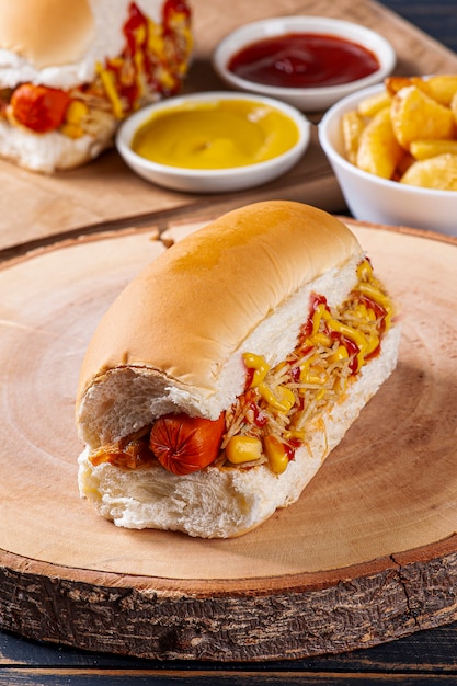 Hot dog w stylu brazylijskim z musztardą, keczupem i słomką ziemniaczaną.