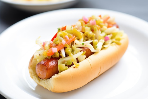 Hot dog z boku w bułce z dodatkami i cebulą