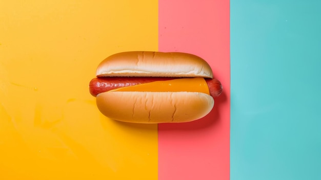 hot dog z bułeczką na nim jest na kolorowym stole