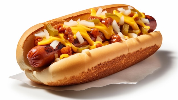 Hot dog z chili i cebulą jest na białym papierze.