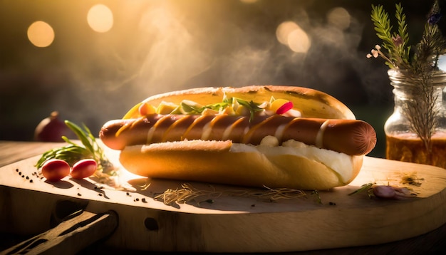 hot dog z doskonale grillowanej kiełbasy świeże dodatki ketchup musztarda.