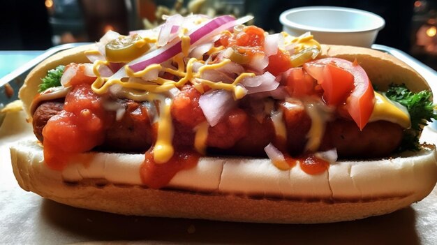 Zdjęcie hot dog z dużą ilością dodatków