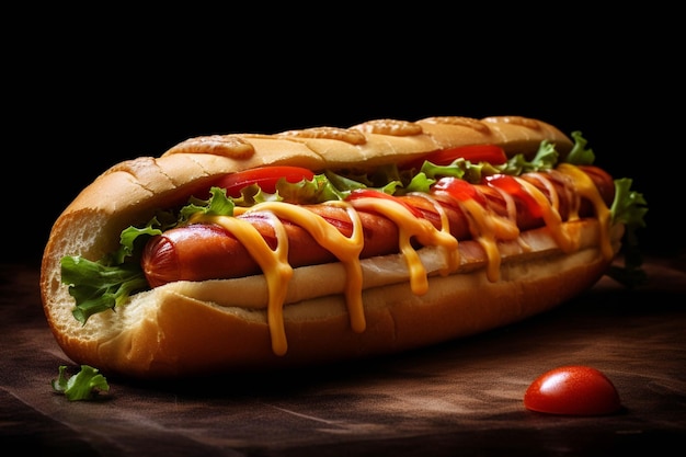 Hot dog z ketchupem i musztardą na drewnianej desce Stonowany