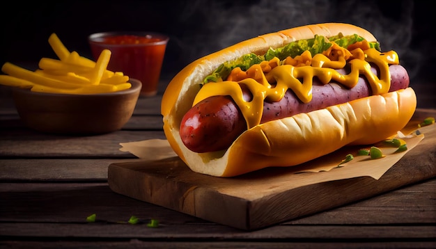 Hot dog z ketchupem musztardowym i frytkami na drewnianym stole Generative AI