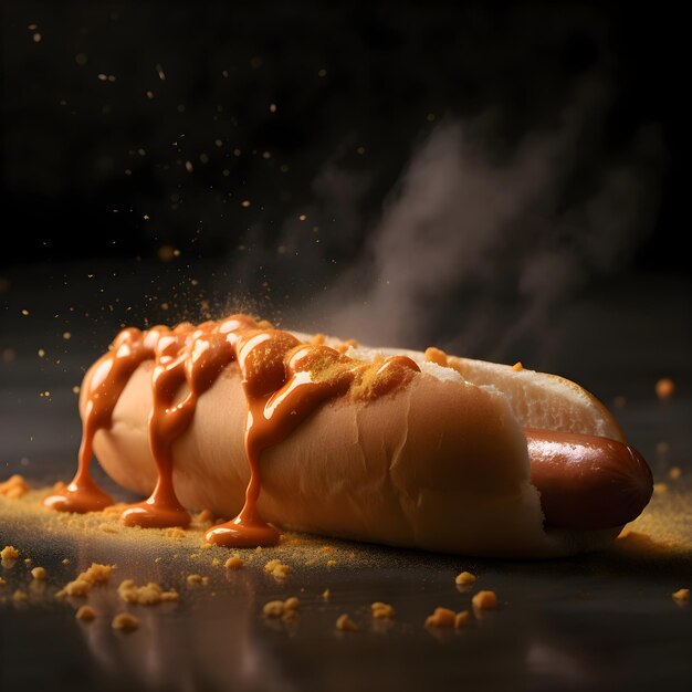 Hot dog z ketchupem musztardowym i majonezem na czarnym tle