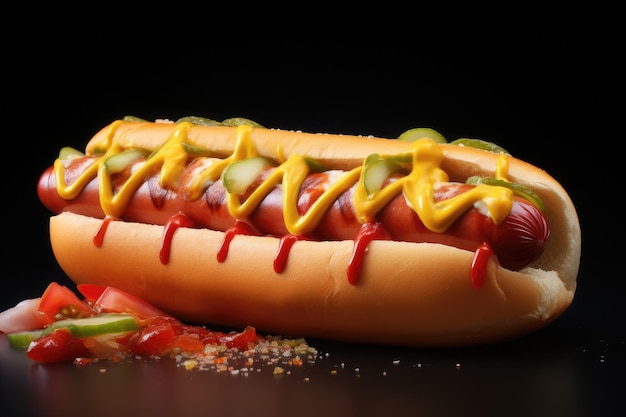 Hot dog z kiełbasą, ogórkami, sałatą i pomidorami Menu jedzenia ulicznego Generatywna AI