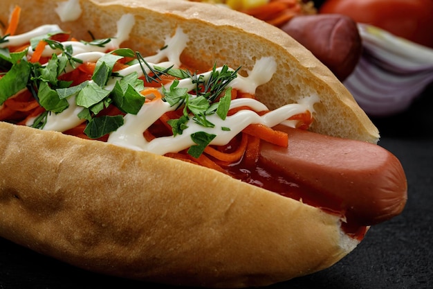 Zdjęcie hot dog z marchewką kiełbasianą i koperkiem z pietruszką zbliżenie na ciemnym tle
