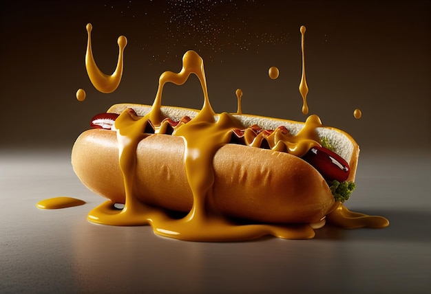 Hot dog z musztardą i keczupem na drewnianym stole