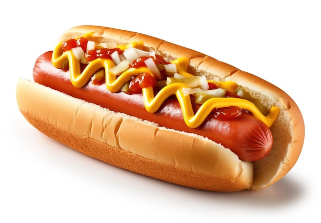 Hot dog z musztardą i ketchupem na białym tle