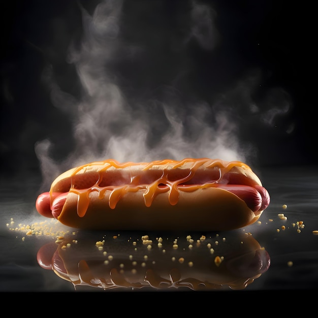 Hot dog z musztardą i ketchupem na czarnym tle z dymem