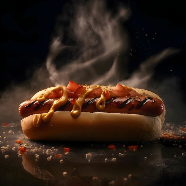 Hot dog z musztardą i ketchupem na czarnym tle z dymem