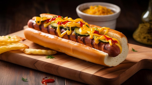 Hot dog z musztardą i ketchupem na drewnianej desce do krojenia.