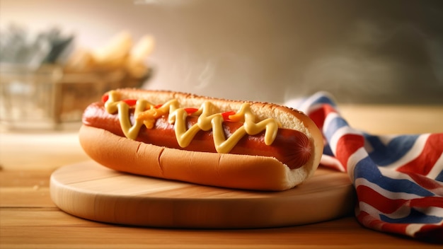 Hot dog z musztardą i ketchupem na stole.