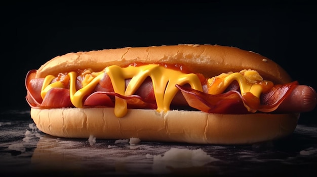 Hot dog z musztardą i ketchupem na stole.