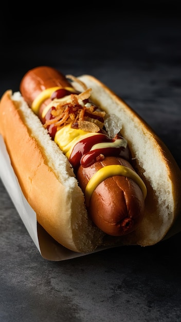 Hot dog z musztardą i ketchupem w bułce