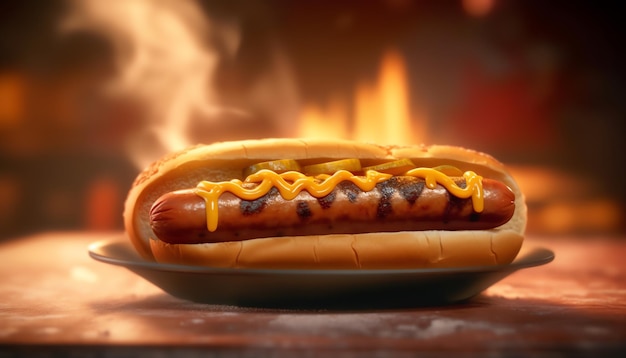 Hot dog z musztardą i musztardą na talerzu z ogieniem w tle.