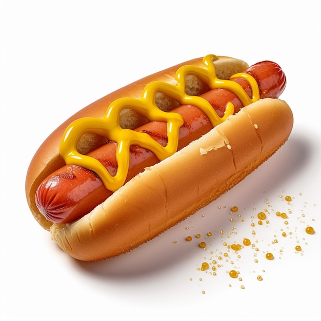 Hot dog z musztardą jest na białym tle.