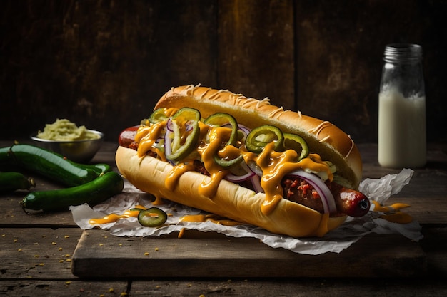 Hot dog z musztardą polany na wierzchu