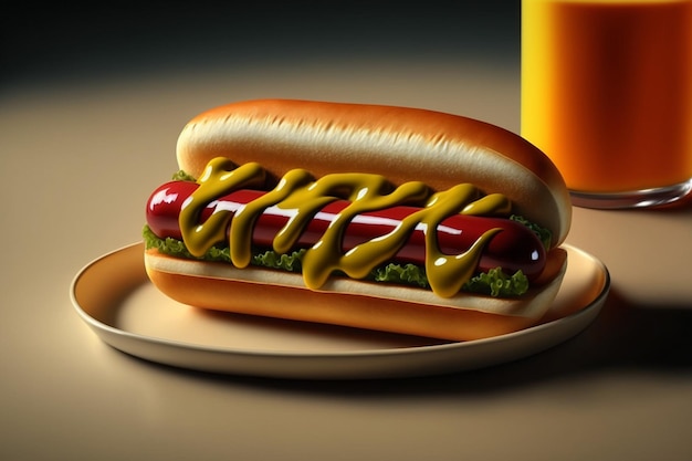 hot dog z musztardą w bułce na talerzu ze szklanką soku pomarańczowego za nim