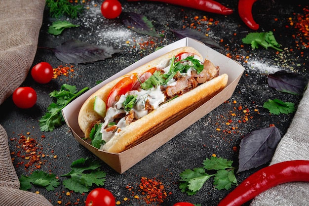 Hot dog z nadzieniem warzywnym z kurczakiem wołowym i ziołami na ciemnym kamiennym stole Koncepcja restauracji fast food i z dostawą